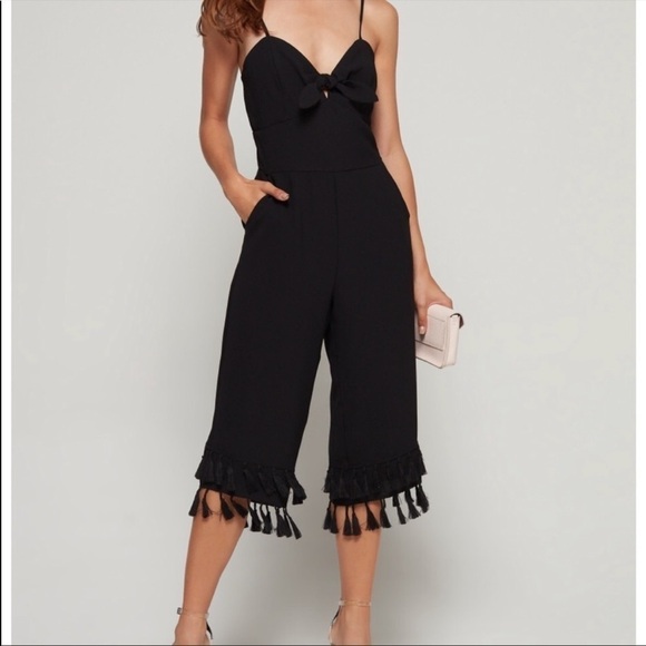 Adelyn Rae Jumpsuit Cropped Tie-Front Tassel Fringe Hem Classic Black S - Picture 2 of 14